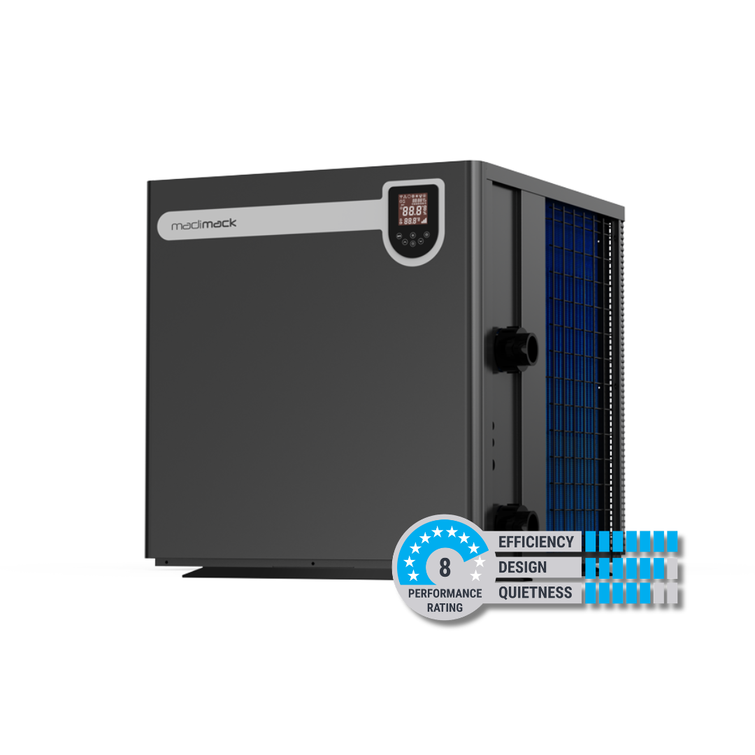 Three-quarter studio view of a dark grey Madimack Eclipse Plus pool heat pump showing the front digital interface panel, side plumbing connections, and a blue ventilation grille overlayed with an 8-star performance rating badge.