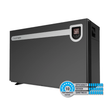 Three-quarter studio view of a dark grey Madimack Elite V4 swimming pool heat pump, showing its elongated front casing, corner digital interface display panel, side ventilation grille, and an overlaid performance rating badge.
