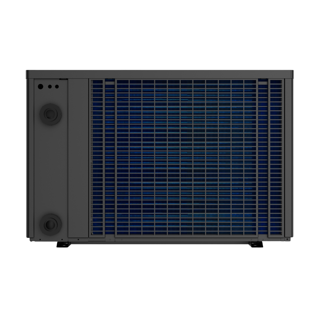 Direct rear view of a dark grey Madimack Elite V4 swimming pool heat pump, displaying the large blue evaporator coil protected by a grid grille alongside plumbing connection inlets on the left panel.