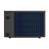 Direct rear view of a dark grey Madimack Elite V4 swimming pool heat pump, displaying the large blue evaporator coil protected by a grid grille alongside plumbing connection inlets on the left panel.