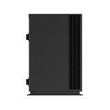 Direct profile side view of a dark grey Madimack Elite V4 swimming pool heat pump, displaying the vertically oriented ventilation grille panel on the right and two plumbing connection ports on the left.