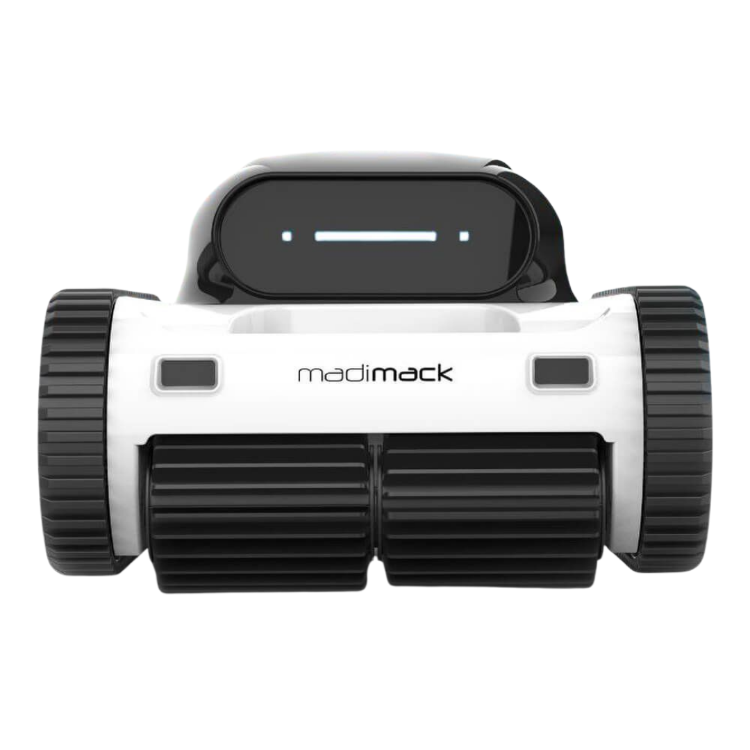 Straight-on eye-level front studio view of a Madimack Freedom i45 cordless robotic pool cleaner, featuring dual dark gray scrubbing roller brushes, side drive tracks, central Madimack branding, and a black upper display pod with an illuminated LED status indicator bar isolated on white.