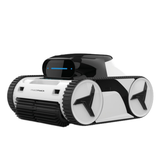 Front three-quarter studio view of a Madimack Freedom i80 cordless robotic pool cleaner, featuring white body casing, black caterpillar tracks over white three-spoke wheels, front scrubbing roller brush, and black sensor unit with a horizontal blue LED status display isolated on white.