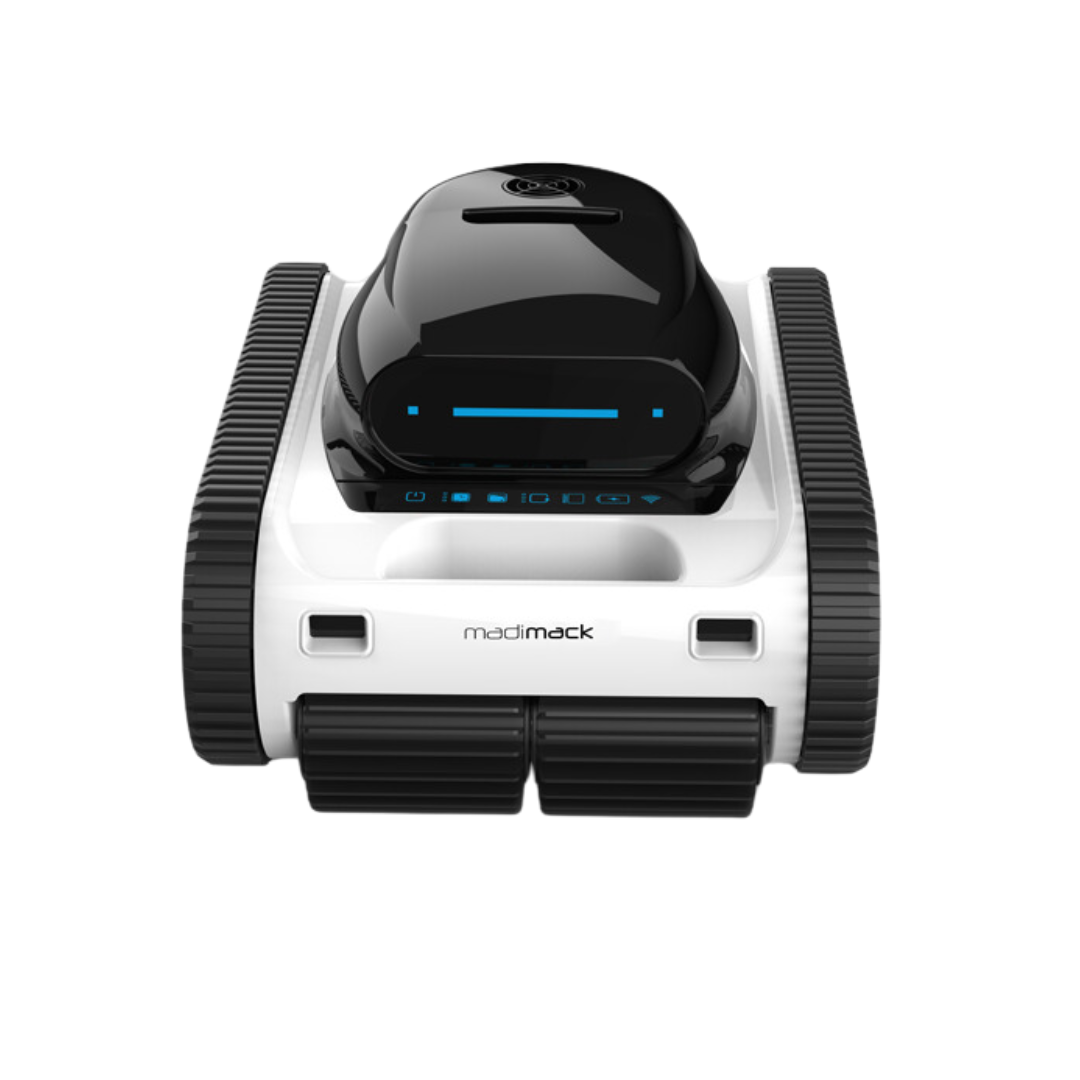 Direct front studio view of a Madimack Freedom i80 cordless robotic pool cleaner, showing the dual front scrubbing roller brushes, side caterpillar tracks, illuminated blue digital control interface icons, and central LED display bar isolated on white.
