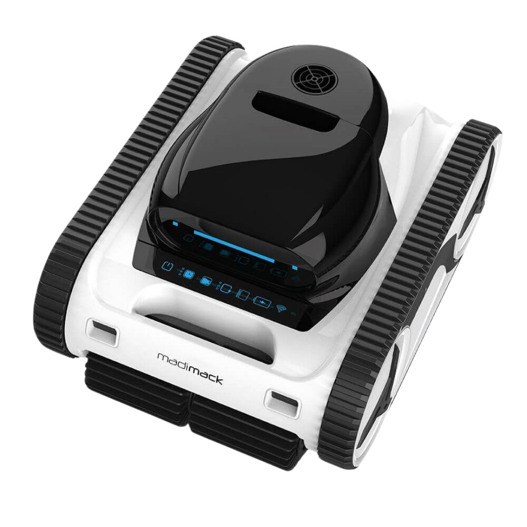 High-angle front-three-quarter studio view of a Madimack Freedom i80 cordless robotic pool cleaner, highlighting the top-mounted illuminated blue digital touch control panel, top exhaust fan unit, side drive tracks, and dual front roller brushes isolated on white.