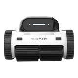 Straight-on eye-level front studio view of a Madimack Freedom i80 cordless robotic pool cleaner, featuring dual dark gray scrubbing roller brushes, side drive tracks, central Madimack branding, and a black upper display pod with an illuminated LED status indicator bar isolated on white.