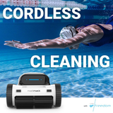Promotional banner for the Madimack Freedom i45 robotic pool cleaner emphasizing Cordless Cleaning, featuring a swimmer gliding underwater above a product shot with GT Freedom series branding in the lower right.
