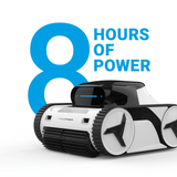 Promotional graphic for the Madimack Freedom i80 cordless robotic pool cleaner highlighting 8 Hours of Power, featuring a front-three-quarter view of the unit positioned in front of a large blue numeral 8 isolated on white.