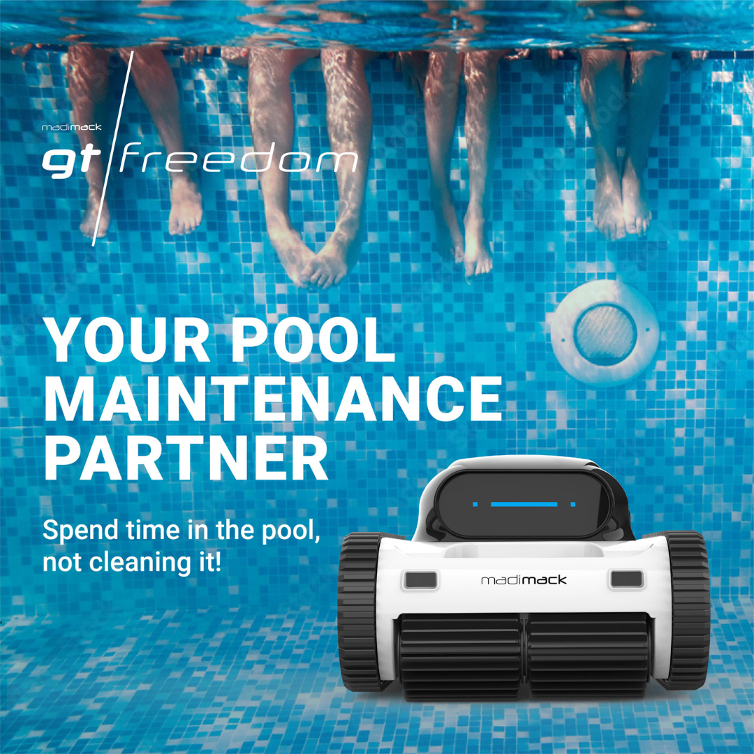 Promotional lifestyle graphic for the Madimack Freedom i80 robotic pool cleaner highlighting "Your Pool Maintenance Partner," featuring the unit submerged in a tiled pool with people dangling their legs into the water above.