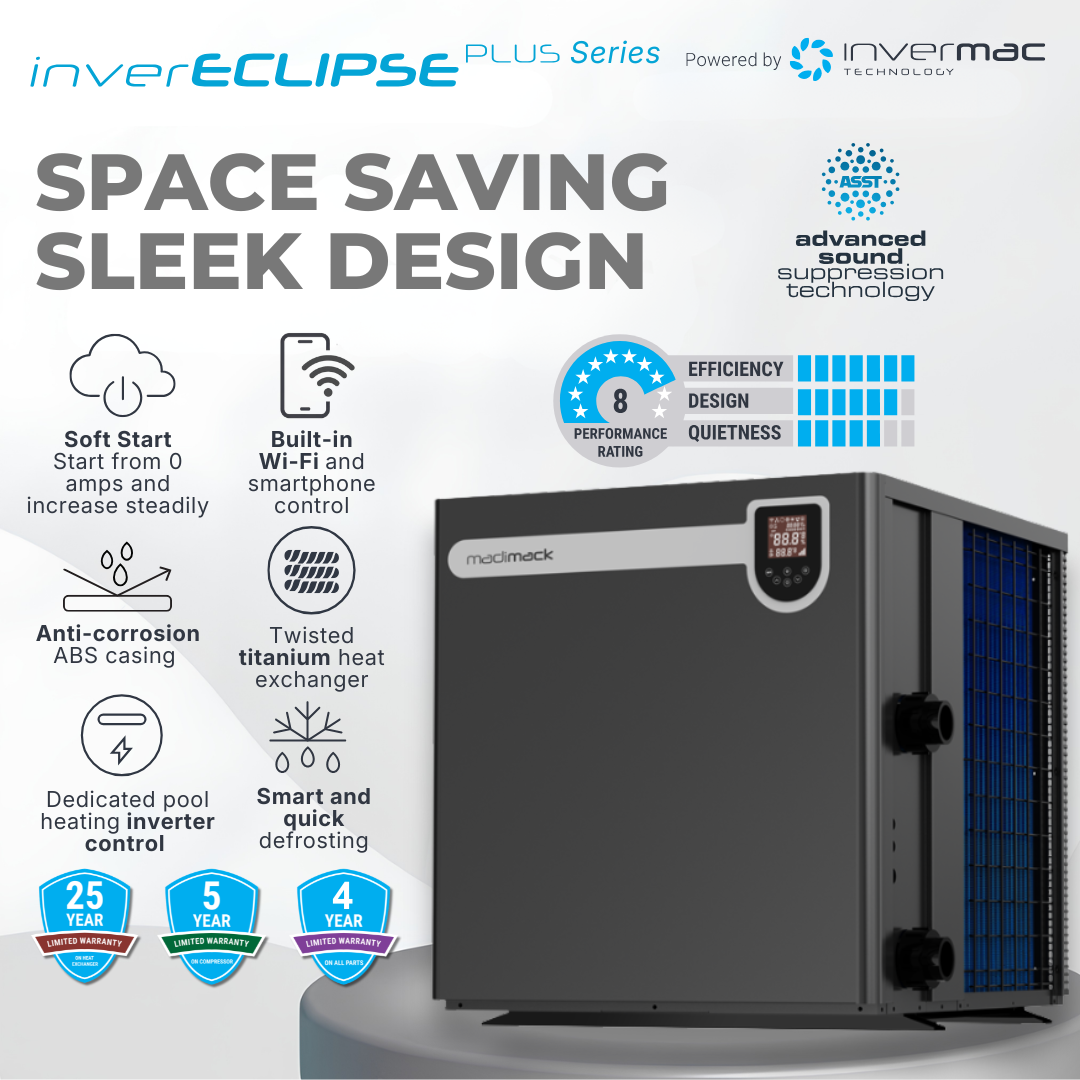 Product features infographic for the Madimack inverECLIPSE PLUS Series pool heat pump powered by Invermac technology, highlighting its space-saving sleek design, advanced sound suppression technology, built-in Wi-Fi and smartphone control, performance ratings, and limited warranty periods of 25 years on the heat exchanger, 5 years on the compressor, and 4 years on all parts.