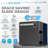Product features infographic for the Madimack inverECLIPSE PLUS Series pool heat pump powered by Invermac technology, highlighting its space-saving sleek design, advanced sound suppression technology, built-in Wi-Fi and smartphone control, performance ratings, and limited warranty periods of 25 years on the heat exchanger, 5 years on the compressor, and 4 years on all parts.