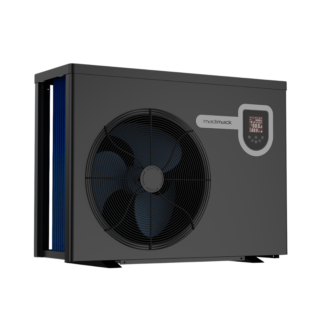 Three-quarter studio view of a dark grey Madimack InverECO Plus series pool heat pump, highlighting the large circular front-discharge fan grille, a digital control panel display on the right, the brand name emblem, and blue internal evaporator coils visible through the left side grille.