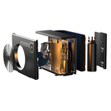 Three-quarter studio exploded view of a dark grey Madimack InverECO Plus series pool heat pump, displaying its internal components separated horizontally, including the front grille, fan assembly, internal compressor unit, piping, blue wrap-around evaporator coils, and rear utility panel.