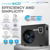 Product features infographic for the Madimack inverECO PLUS Series pool heat pump powered by Invermac technology, highlighting its efficiency, simplicity, soft start capability, built-in Wi-Fi smartphone control, anti-corrosion ABS casing, twisted titanium heat exchanger, dedicated inverter control, and separate Boost and Silence operational modes.