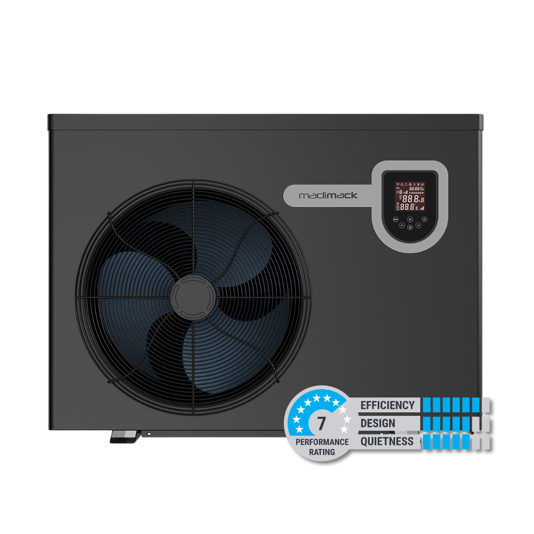 Direct front studio view of a dark grey Madimack InverECO Plus series pool heat pump, featuring a large circular front-discharge fan grille on the left, the brand name emblem centrally, a digital control panel display on the right, and an overlaid performance rating badge indicating 7 stars.