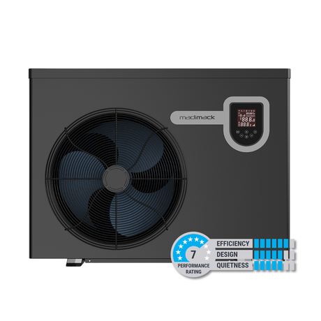 Direct front studio view of a dark grey Madimack InverECO Plus series pool heat pump, featuring a large circular front-discharge fan grille on the left, the brand name emblem centrally, a digital control panel display on the right, and an overlaid performance rating badge indicating 7 stars.