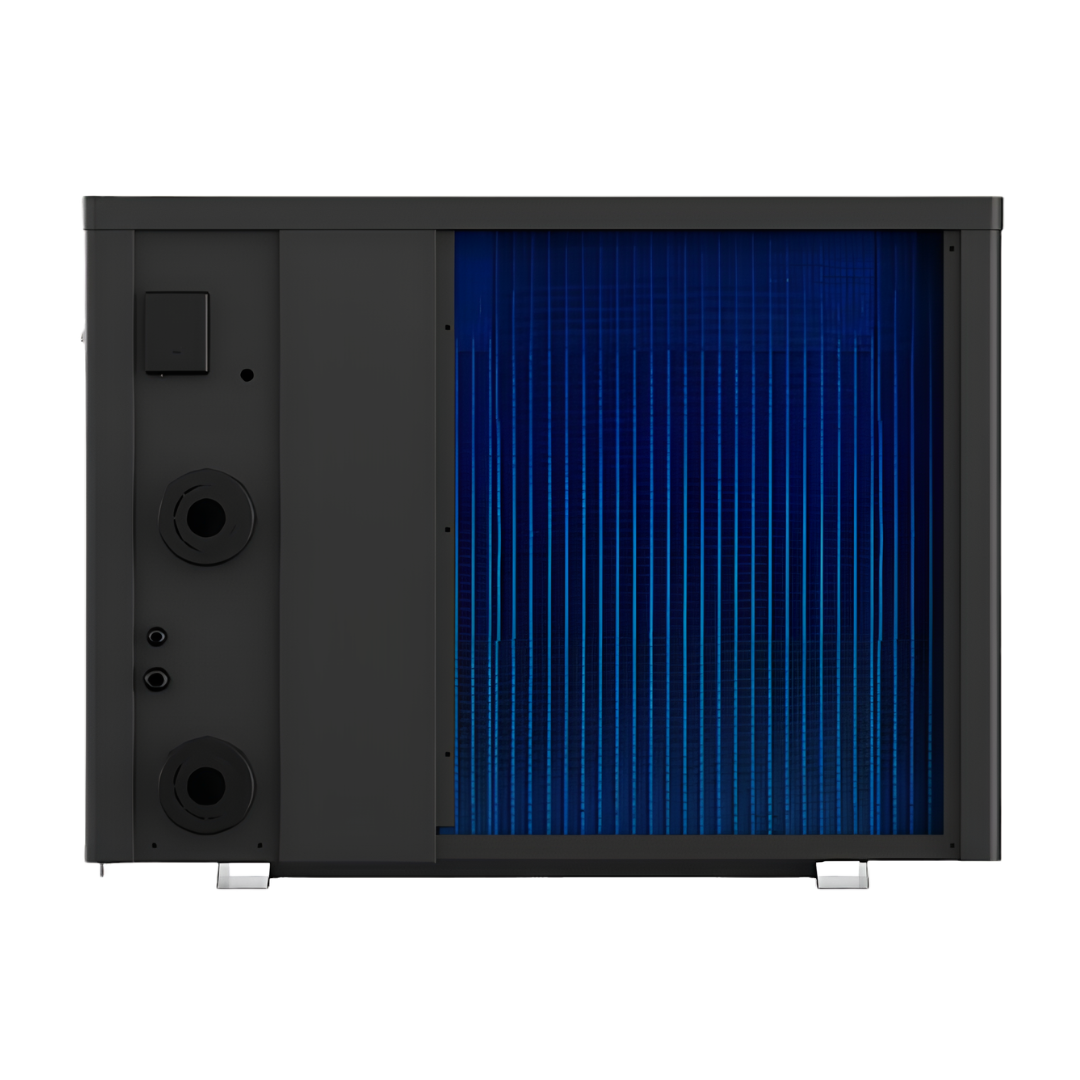 Direct rear studio view of a dark grey Madimack InverECO Plus series pool heat pump, showcasing the bright blue internal evaporator coils on the right side and a solid grey panel on the left containing multiple plumbing inlet and outlet ports.