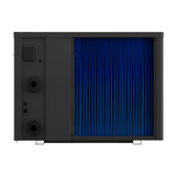 Direct rear studio view of a dark grey Madimack InverECO Plus series pool heat pump, showcasing the bright blue internal evaporator coils on the right side and a solid grey panel on the left containing multiple plumbing inlet and outlet ports.