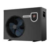 Three-quarter right-angled studio view of a dark grey Madimack InverECO Plus series pool heat pump, showcasing a large circular front-discharge fan grille on the left, a digital control panel display, the brand name emblem, and plumbing connection cutouts on the right side panel.