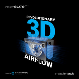 Product banner infographic for the Madimack inverELITE V4 pool heat pump powered by Invermac technology, highlighting its revolutionary 3D directional airflow with blue line graphics illustrating multi-directional air movement around the unit.