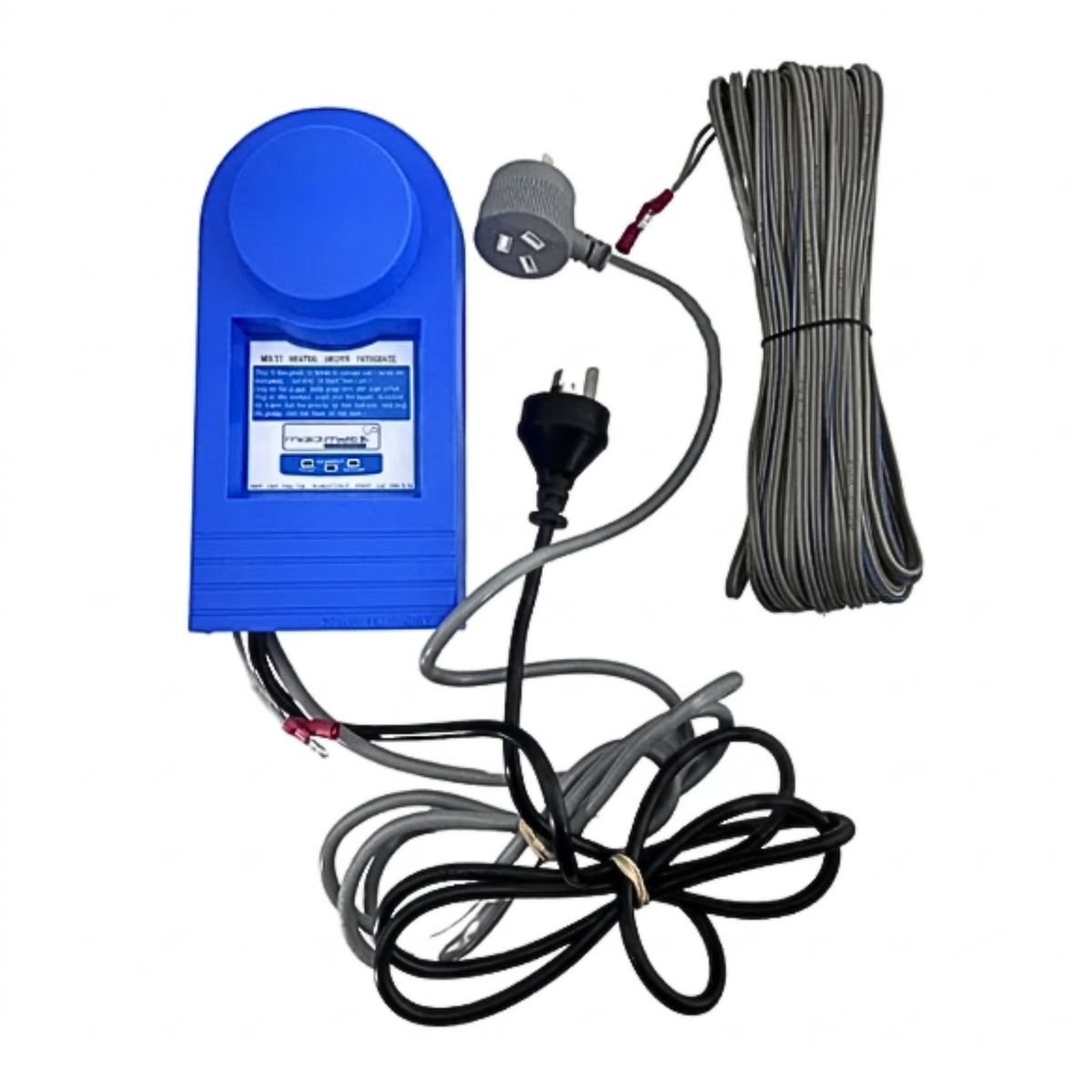 Madimack MJ Box Pump Interface automation kit including blue controller module, Australian piggyback power plugs, and bundled grey 2 core signal wire extension cable