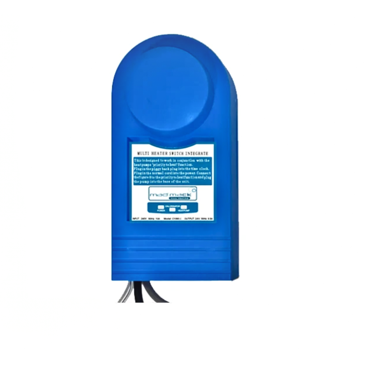 Front view of a blue Madimack MJ Box Multi Heater Switch Integrate pump controller unit showing the wiring cables extending out from the bottom base and the product integration sticker label.