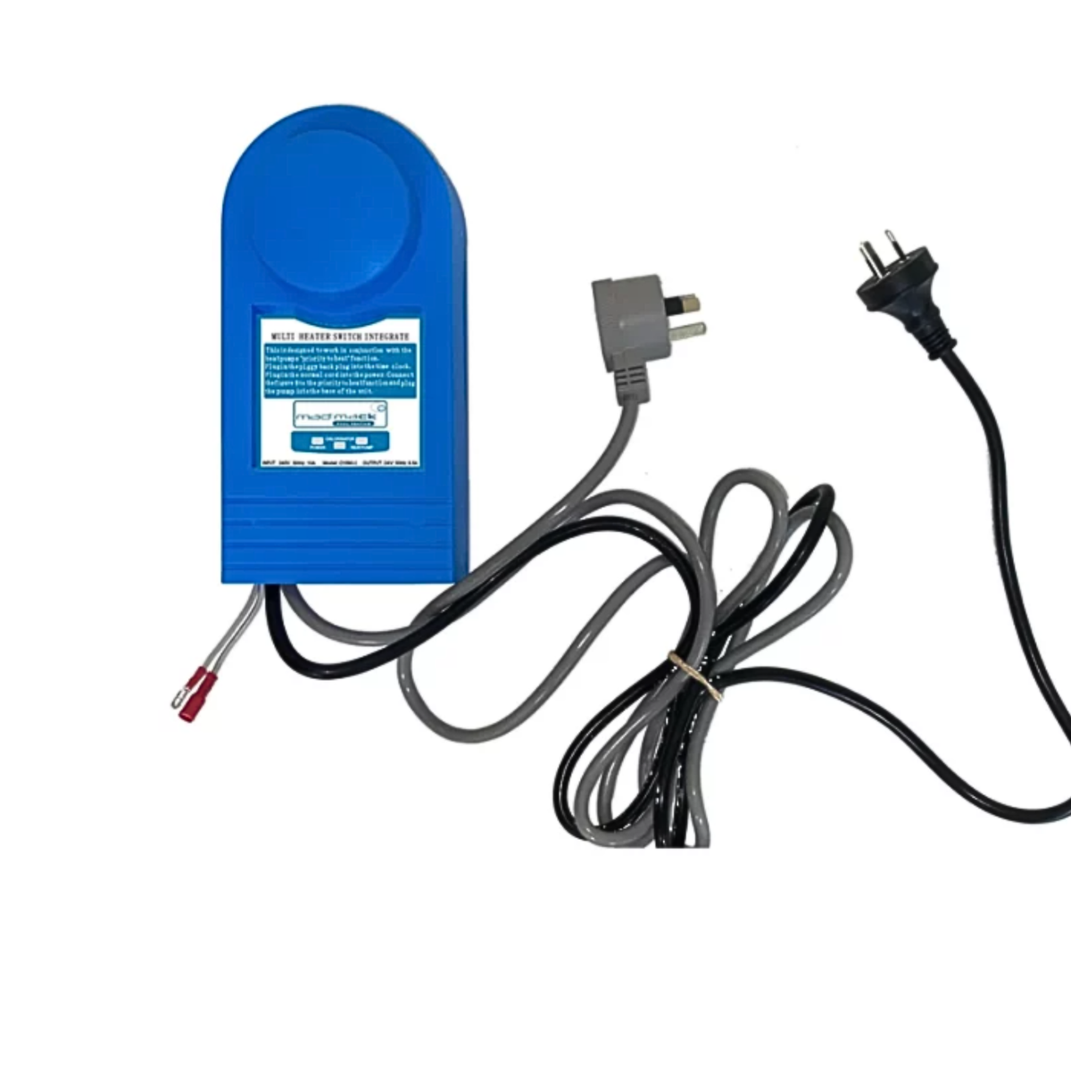Madimack Multi Heater Switch Integrate pool automation controller module featuring a blue wall mount casing with Australian piggyback cords and terminal wire connectors
