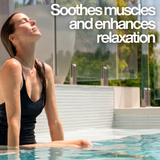 A relaxed woman enjoying a mineral pool with text overlay stating "Soothes muscles and enhances relaxation," highlighting the wellness benefits of AstralPool Halo Mineral Switch.