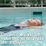 A woman floating peacefully in a pool with text overlay: "Creates a silky and soft water feel, gentle on your skin and eyes," showcasing the benefits of AstralPool Halo Mineral Switch.