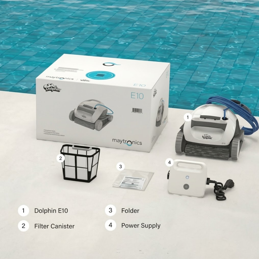 Numbered unboxing overview for the Maytronics Dolphin E 10 robotic pool cleaner displayed by a pool, showing the retail box alongside the cleaner unit, top-access filter canister, documentation folder, and power supply unit.