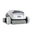 Studio product view of the Maytronics Dolphin E 10 robotic pool cleaner on an isolated white background, featuring its white body, grey trim, light grey continuous tracks, and front active scrubbing brush.