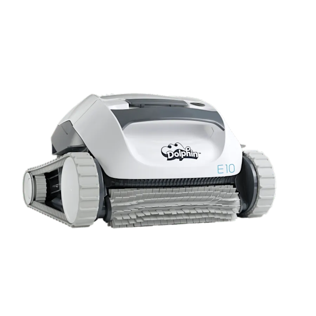 Studio product view of the Maytronics Dolphin E 10 robotic pool cleaner on an isolated white background, featuring its white body, grey trim, light grey continuous tracks, and front active scrubbing brush.
