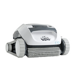 Studio product view of the Maytronics Dolphin E 10 robotic pool cleaner on an isolated white background, featuring its white body, grey trim, light grey continuous tracks, and front active scrubbing brush.