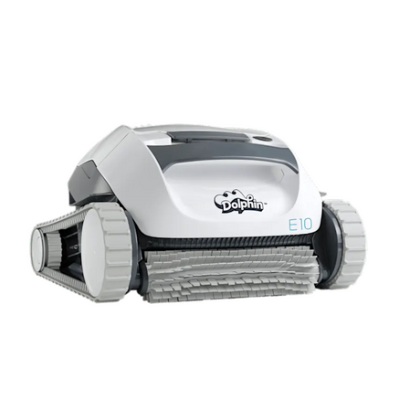 Studio product view of the Maytronics Dolphin E 10 robotic pool cleaner on an isolated white background, featuring its white body, grey trim, light grey continuous tracks, and front active scrubbing brush.