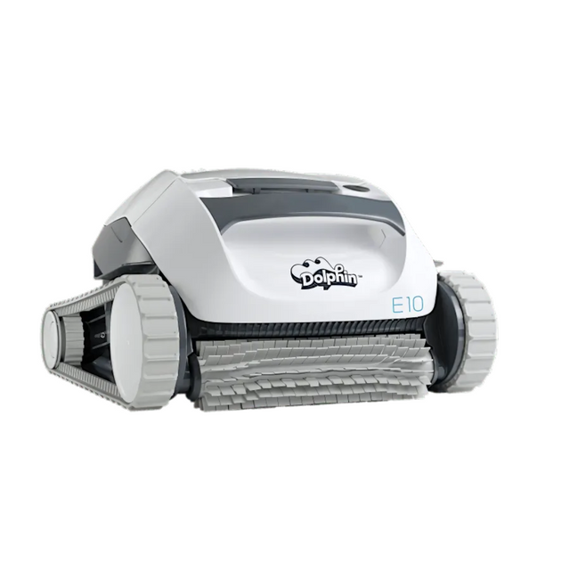 Studio product view of the Maytronics Dolphin E 10 robotic pool cleaner on an isolated white background, featuring its white body, grey trim, light grey continuous tracks, and front active scrubbing brush.