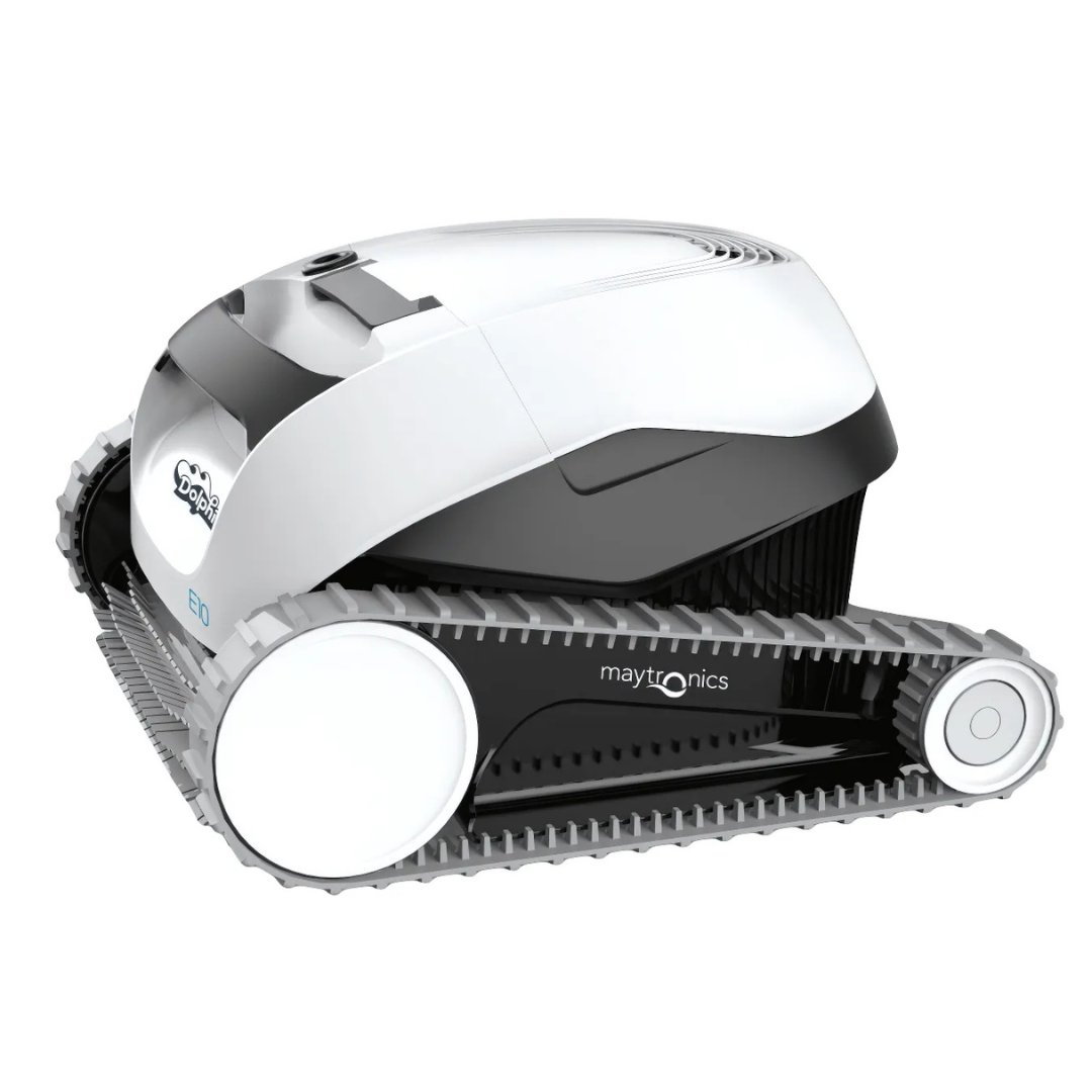 Studio side profile view of the Maytronics Dolphin E 10 robotic pool cleaner on an isolated white background, highlighting its light grey continuous track, Maytronics side branding, white upper shell, and grey lower body.