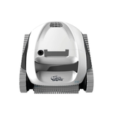 Top-down studio product view of the Maytronics Dolphin E 10 robotic pool cleaner on an isolated white background, showing its white body, dark grey handle, exhaust vent, and light grey continuous tracks.
