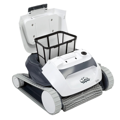 Studio product view of the white and dark grey Maytronics Dolphin E 10 robotic pool cleaner on an isolated white background, with its top lid open to reveal the removable easy-clean debris filter basket.