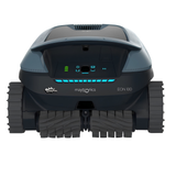 Symmetrical front view of a Maytronics Dolphin Eon 100 cordless robotic pool cleaner showing the central logo branding, illuminated battery interface, and dual treaded scrubbing brushes