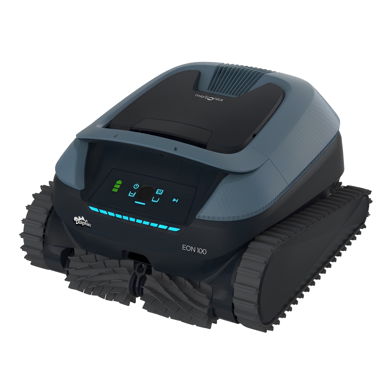 Elevated three-quarter view of a Maytronics Dolphin Eon 100 cordless robotic pool cleaner showing the black top lid hatch, battery status interface, and continuous drive tracks