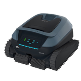 Elevated three-quarter view of a Maytronics Dolphin Eon 100 cordless robotic pool cleaner showing the black top lid hatch, battery status interface, and continuous drive tracks