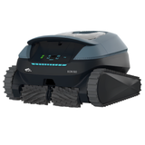 Three-quarter studio view of a Maytronics Dolphin Eon 100 cordless robotic pool cleaner featuring dark grey tank tracks, front dual active scrubbing brushes, and an illuminated blue LED display panel