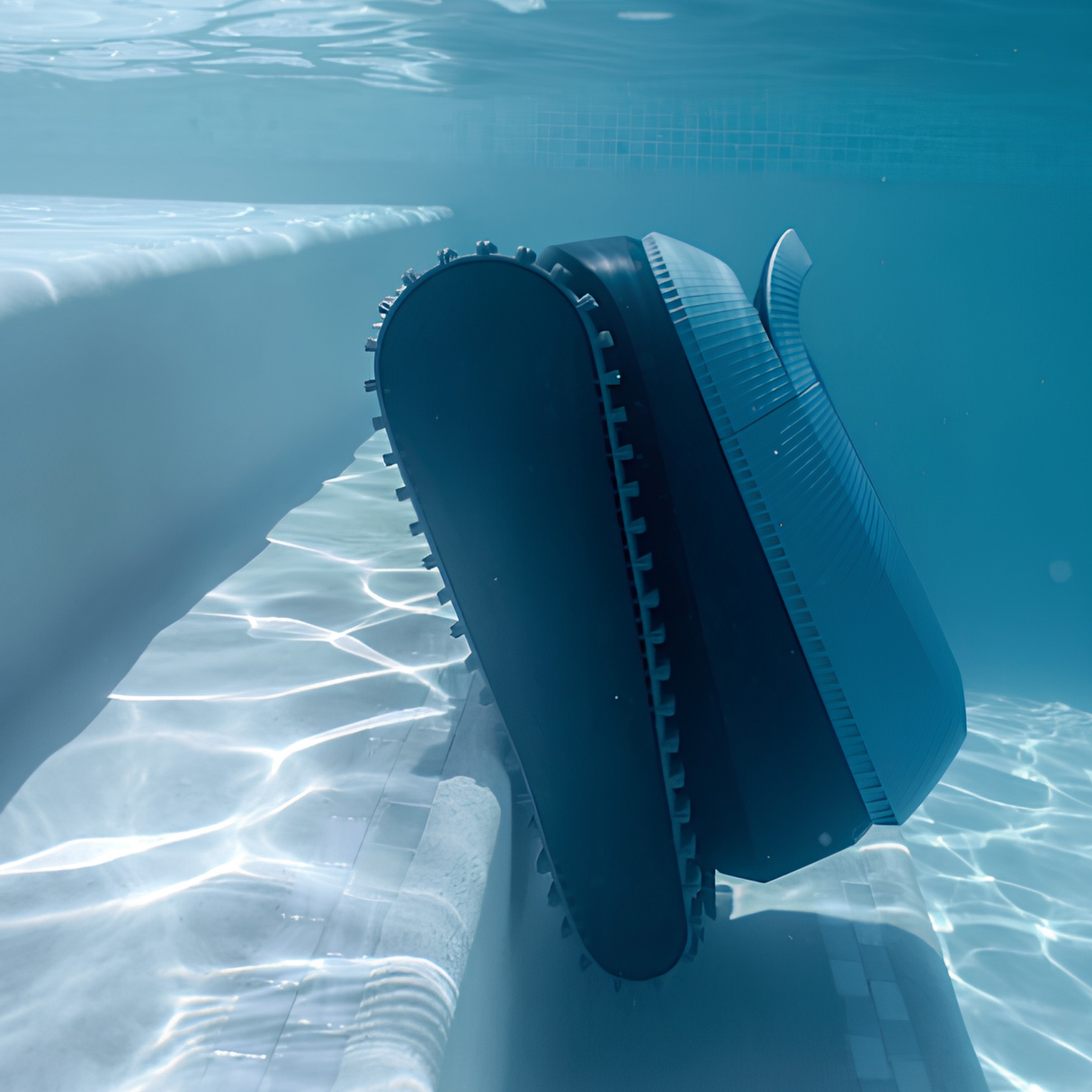 Underwater view of a Maytronics Dolphin Eon 100 robotic pool cleaner using its treaded tracks to climb submerged pool steps