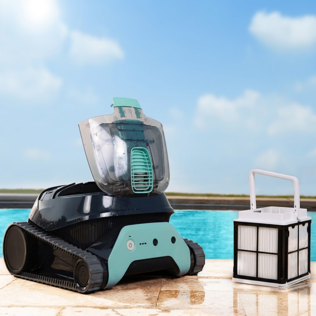 Lifestyle view of the Maytronics Dolphin Liberty 200 robotic pool cleaner resting poolside with its transparent top lid open, placed next to its standalone fine mesh filter canister.