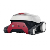 Studio view of a Maytronics Dolphin Liberty 200 robotic pool cleaner on a white background, featuring white top housing, a red rear accent panel with power button and LED indicators, and grey side track treads.