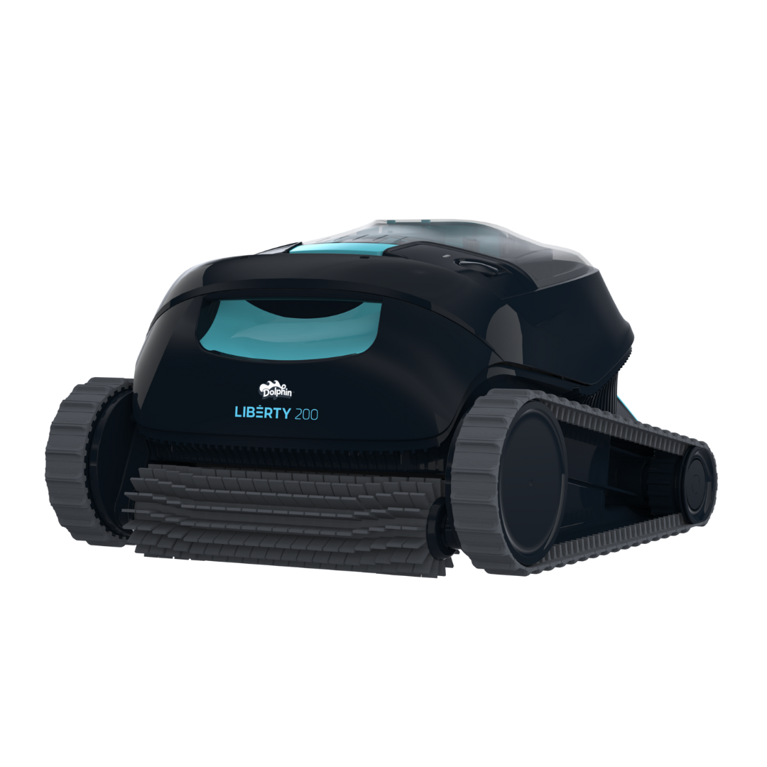 Low-angle studio view of the Maytronics Dolphin Liberty 200 robotic pool cleaner on a white background, featuring a sleek black body with teal accents, front scrubbing brush roll, and grey side track treads.