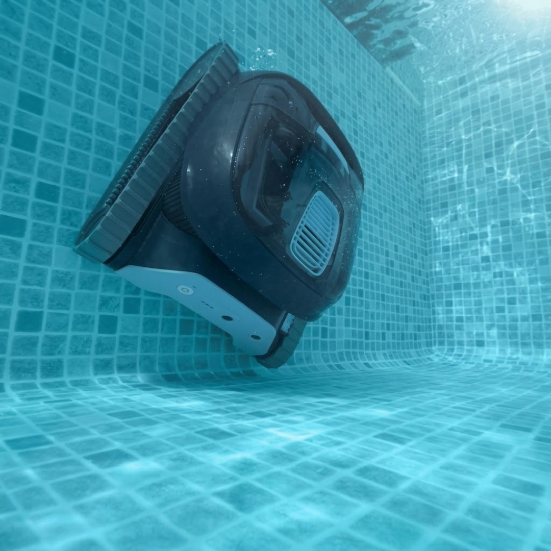 Underwater shot of the Maytronics Dolphin Liberty 200 robotic pool cleaner actively climbing a tiled pool wall.