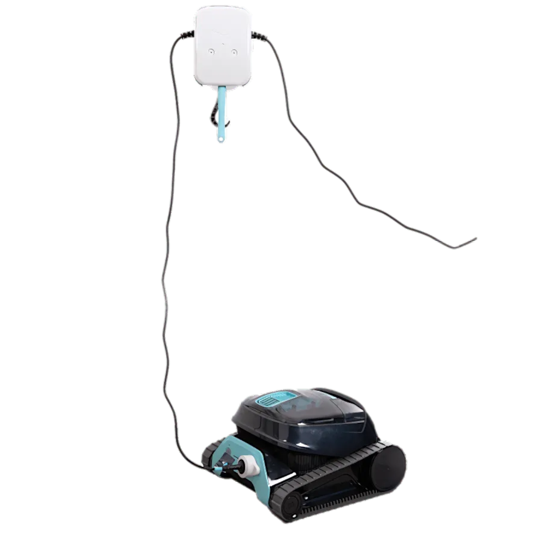 Studio product view on a plain white background showing the Maytronics Dolphin Liberty 400 connected to its magnetic charger setup, including the power supply unit hanging above and charging cable connected to the rear port.