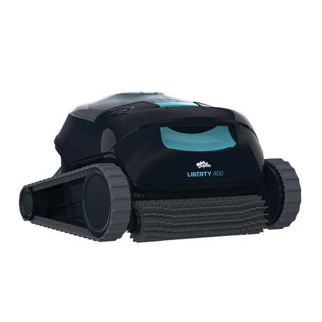 Low-angle studio view of the Maytronics Dolphin Liberty 400 robotic pool cleaner on a white background, featuring a glossy black body with teal accents, front scrubbing brush roll, and grey side track treads.