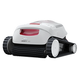 Low-angle studio product view of the Maytronics Dolphin Liberty 400 robotic pool cleaner on a white background, featuring white top housing, red front accent panel, front scrubbing brush roll, and grey side track treads.
